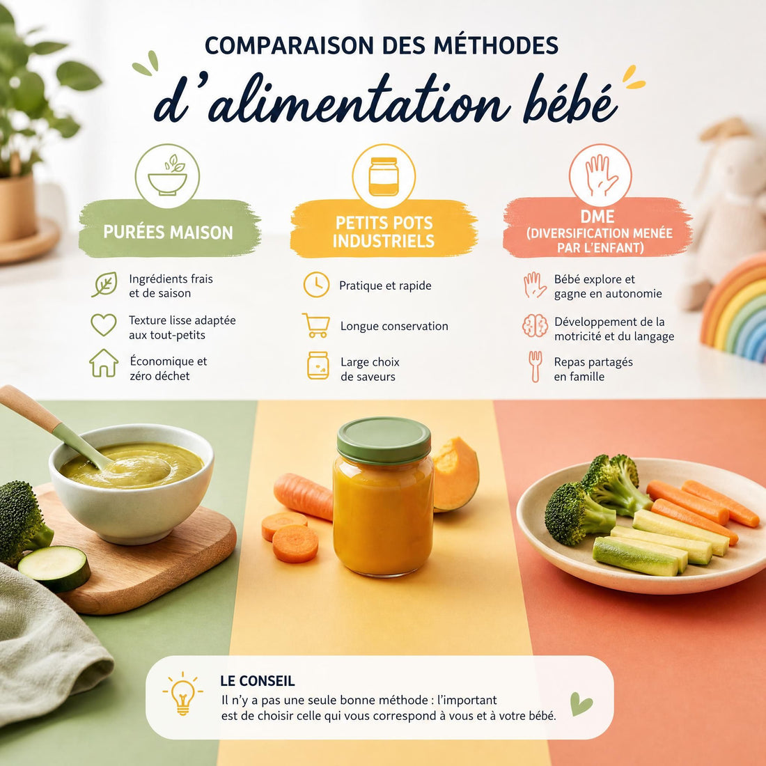 Alimentation bébé : purées maison, petits pots ou DME ? le guide comparatif complet pour choisir sans culpabiliser