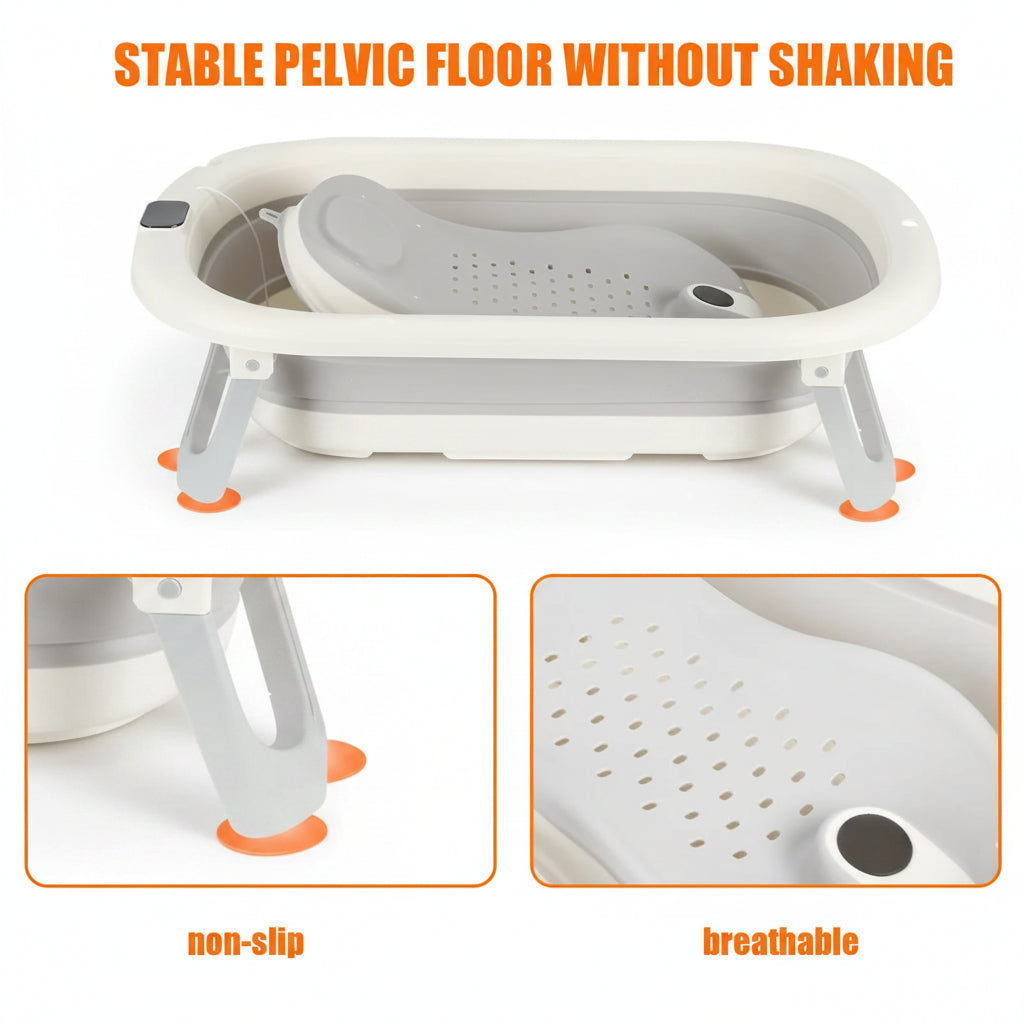 Baignoire Pliable pour Bébé et Nouveau-Né, Inclus Transat De Bain & Thermomètre Intégré, Confortable pour Les Bébés de 0 à 3 Ans, Gris/Rose/Kaki/Vert