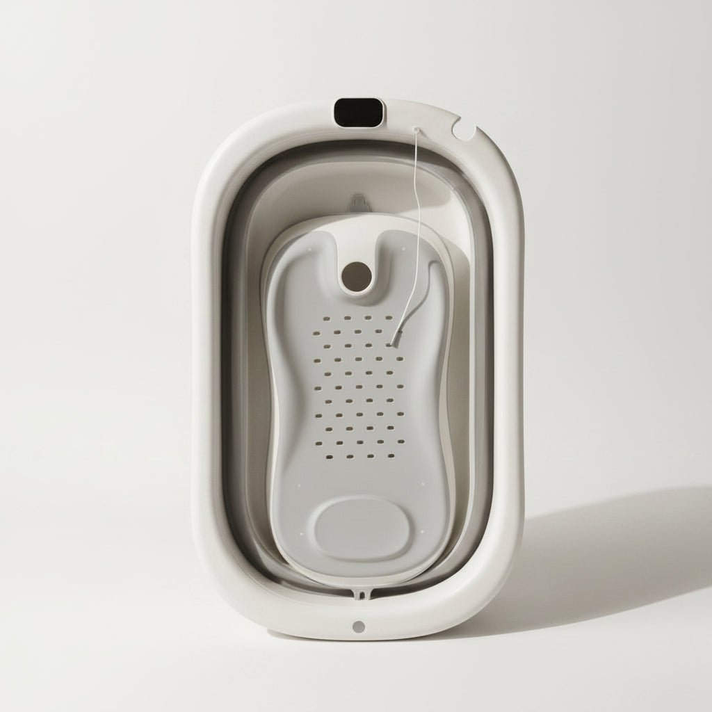 Baignoire Pliable pour Bébé et Nouveau-Né, Inclus Transat De Bain & Thermomètre Intégré, Confortable pour Les Bébés de 0 à 3 Ans, Gris/Rose/Kaki/Vert