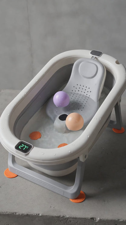 Baignoire Pliable pour Bébé et Nouveau-Né, Inclus Transat De Bain & Thermomètre Intégré, Confortable pour Les Bébés de 0 à 3 Ans, Gris/Rose/Kaki/Vert